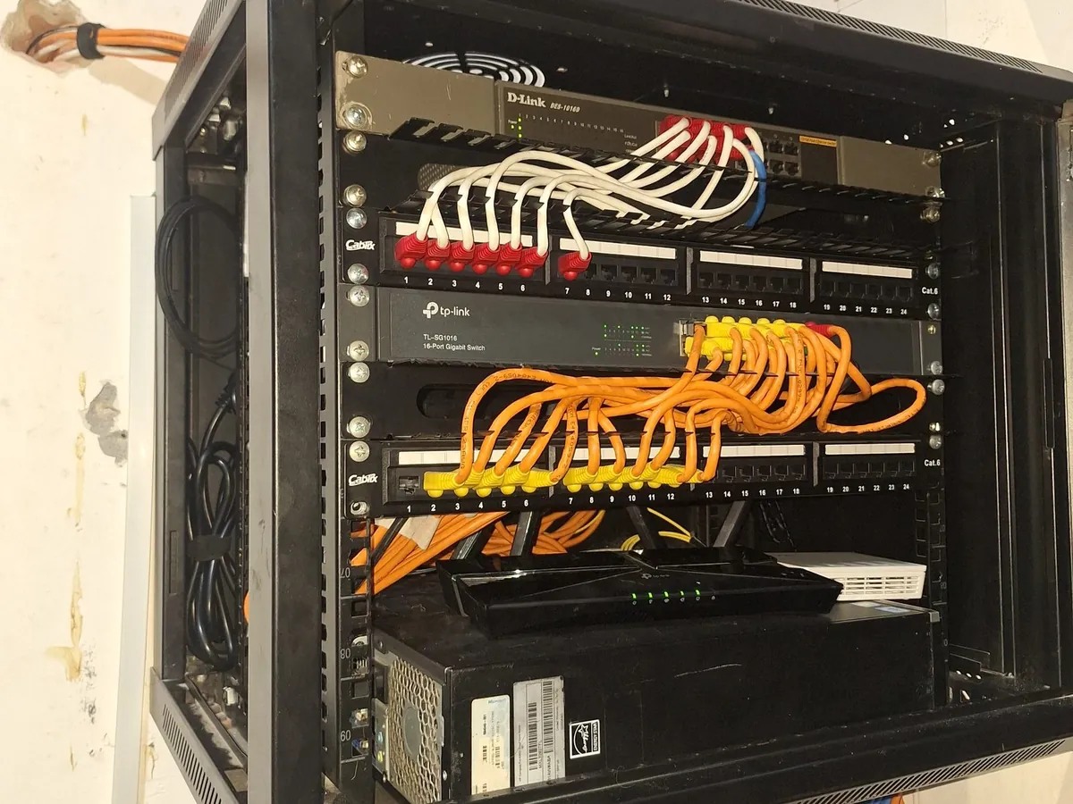 Rack con patch cords peinados, patch panel ordenado y velcros